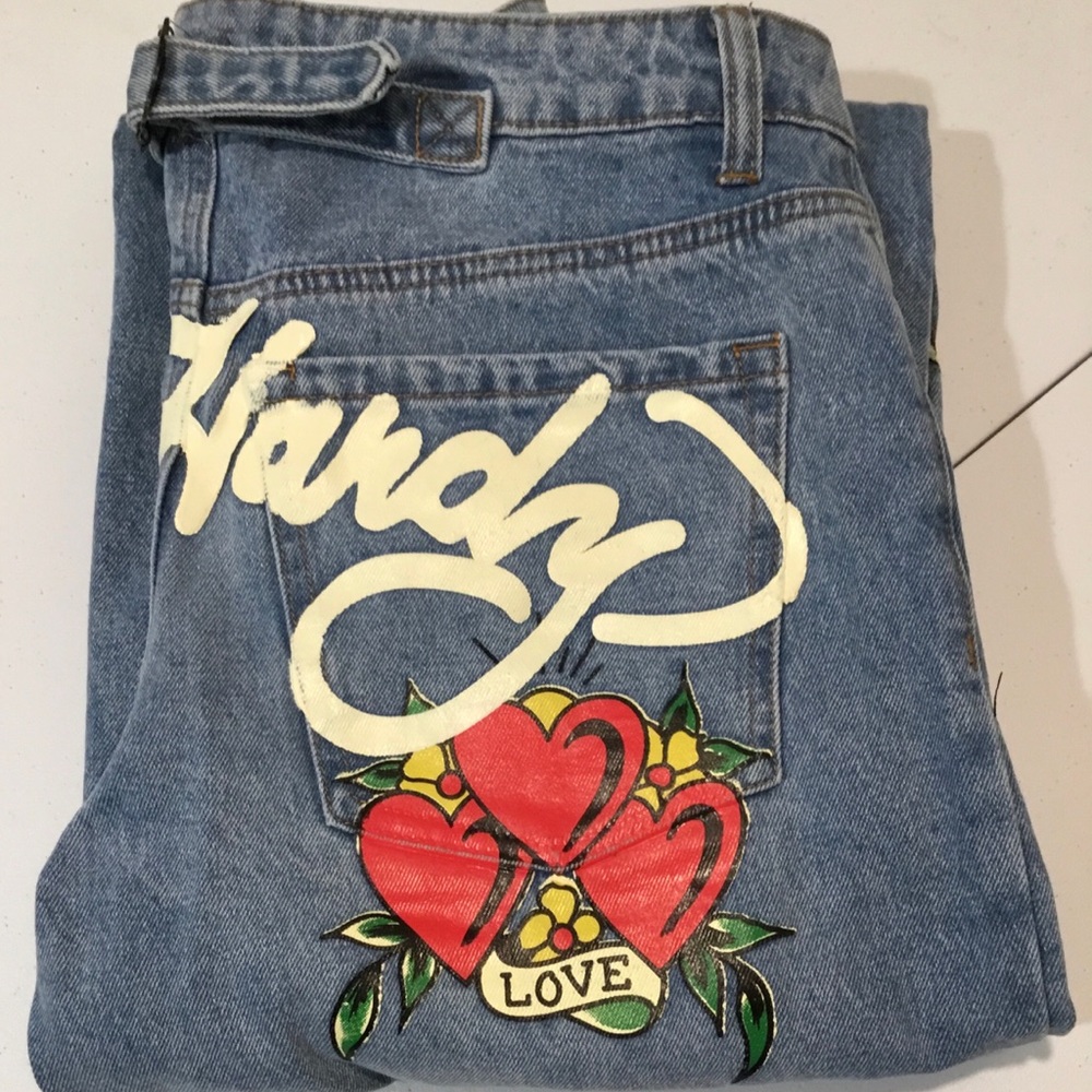 Ed Hardy Vintage Y2K Blue Denim Jeans with Red Heart and White Script